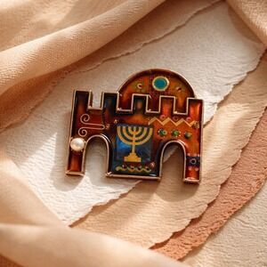 Yossi Steinberg Jerusalem Menorah Enamel Brooch Pin Israeli Art Jewelry Pearl